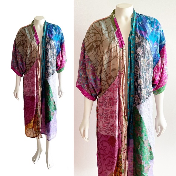 Sacred Threads Silk Kimono Robe Multicolor Patchwork Small - Picture 3 of 16